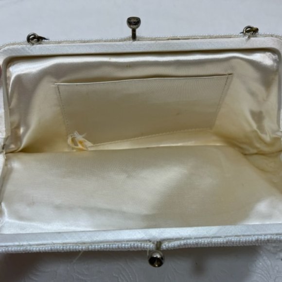 VTG Handmade White Pearl Beads Floral Pattern Kiss Lock Evening Purse Handbag - Picture 9 of 12